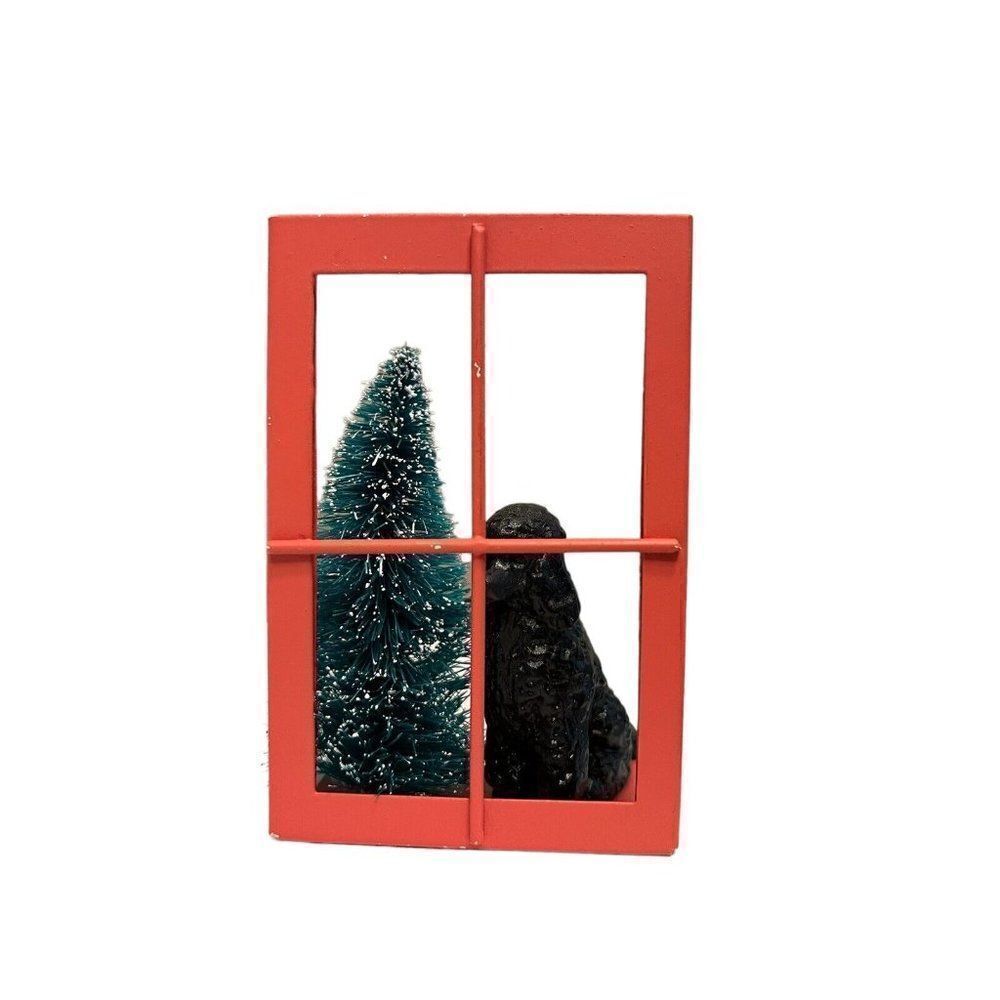 Black Poodle Bottle Brush Christmas Tree Dog in Window Figure Decor Vtg